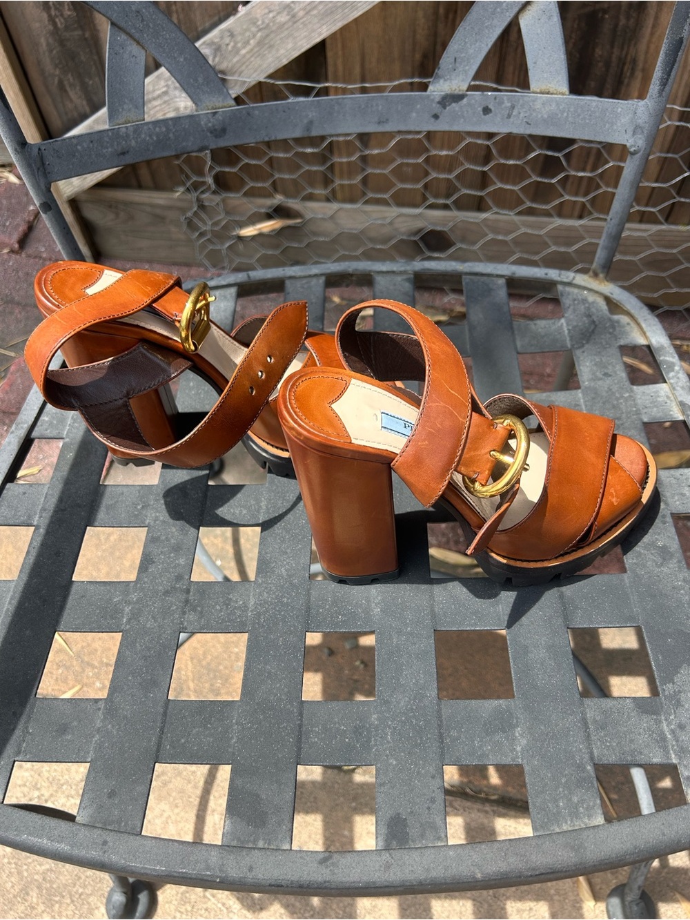 Prada Cognac Leather Platform Sandal with Gold Ring